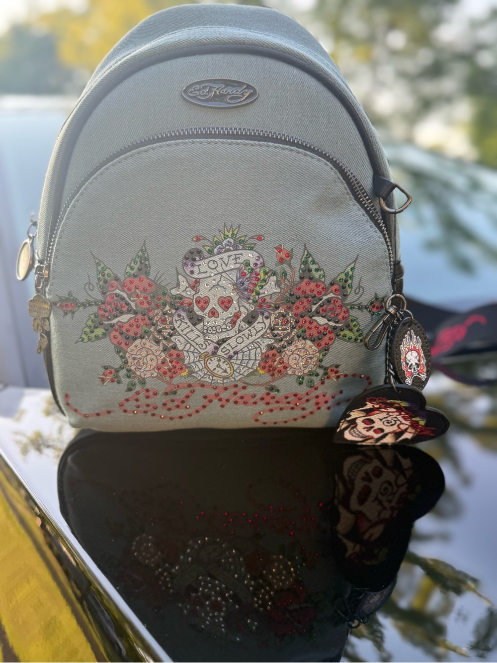 Ed Hardy Light Gray/blue denim Backpack with Embellished Skull & Rose Design